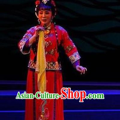 Chinese Cantonese Opera Bride Garment Dan Jia Nv Costumes and Headdress Traditional Guangdong Opera Village Girl Apparels Diva Shui Mei Red Dress