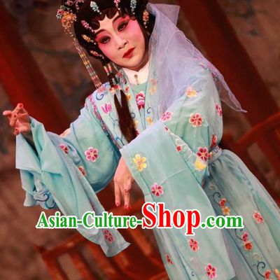 Chinese Cantonese Opera Young Female Garment Dan Jia Nv Costumes and Headdress Traditional Guangdong Opera Hua Tan Apparels Actress Blue Dress