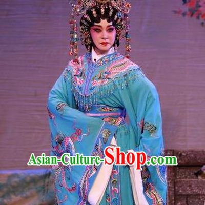 Chinese Cantonese Opera Imperial Consort Garment Dan Jia Nv Costumes and Headdress Traditional Guangdong Opera Hua Tan Apparels Young Female Blue Dress