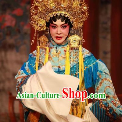 Chinese Cantonese Opera Imperial Empress Garment Dan Jia Nv Costumes and Headdress Traditional Guangdong Opera Hua Tan Apparels Queen Blue Dress