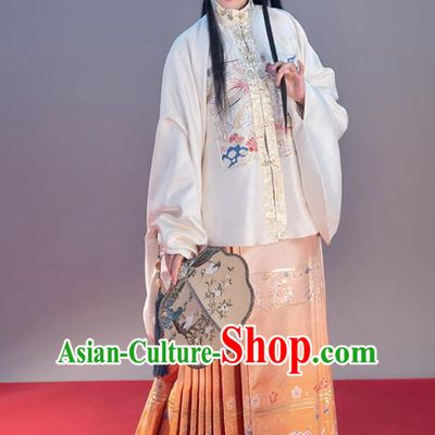 Chinese Traditional Ming Dynasty Noble Female Apparels Ancient Patrician Lady Hanfu Dress Historical Costumes White Blouse and Orange Skirt Complete Set