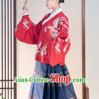 Chinese Traditional Ming Dynasty Patrician Lady Apparels Ancient Hanfu Dress Historical Costumes Red Blouse and Navy Blue Skirt Complete Set