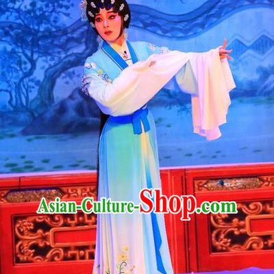 Chinese Cantonese Opera Diva Li Qianniang Garment Xu Jiujing Costumes and Headdress Traditional Guangdong Opera Actress Apparels Hua Tan Blue Dress