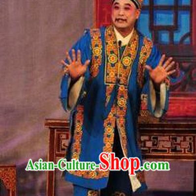 Unhappy Marriage Chinese Guangdong Opera Clown Apparels Costumes and Headwear Traditional Cantonese Opera Landlord Garment Blue Clothing