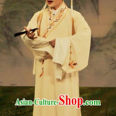 Lou Tai Hui Chinese Guangdong Opera Young Male Apparels Costumes and Headwear Traditional Cantonese Opera Xiaosheng Garment Scholar Liang Shanbo Beige Robe Clothing