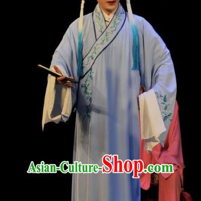 Lou Tai Hui Chinese Guangdong Opera Liang Shanbo Apparels Costumes and Headwear Traditional Cantonese Opera Young Male Garment Scholar Blue Robe Clothing