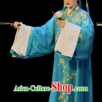 Lou Tai Hui Chinese Guangdong Opera Zhu Yingtai Apparels Costumes and Headwear Traditional Cantonese Opera Scholar Garment Xiaosheng Blue Robe Clothing