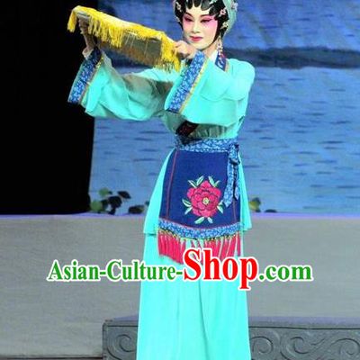 Chinese Cantonese Opera Village Girl Garment Luo Shui Qing Meng Costumes and Headdress Traditional Guangdong Opera Young Female Apparels Blue Dress