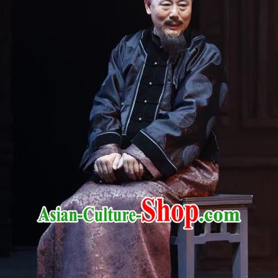Chinese Traditional Qing Dynasty Elderly Male Apparels Costumes Historical Drama Wang Fu Jing Ancient Shopkeeper Garment Merchant Tong Shouchun Clothing and Headwear