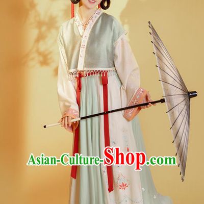Top Chinese Traditional Tang Dynasty Young Lady Hanfu Apparels Ancient Village Girl Historical Costumes Half Sleeved Garment Blouse and Skirt Full Set
