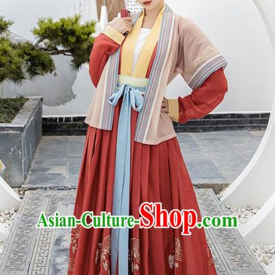 Traditional Chinese Song Dynasty Young Lady Hanfu Apparels Ancient Village Girl Historical Costumes Beizi Blouse and Skirt Complete Set