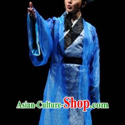 Chinese Traditional Han Dynasty Young Male Clothing Stage Performance Historical Drama Sima Qian Apparels Costumes Ancient Official Blue Garment and Headwear