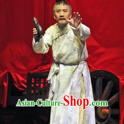 Chinese Traditional Qin Dynasty Elderly Scholar Clothing Stage Performance Historical Drama Fu Sheng Apparels Costumes Ancient Academic Garment and Headwear
