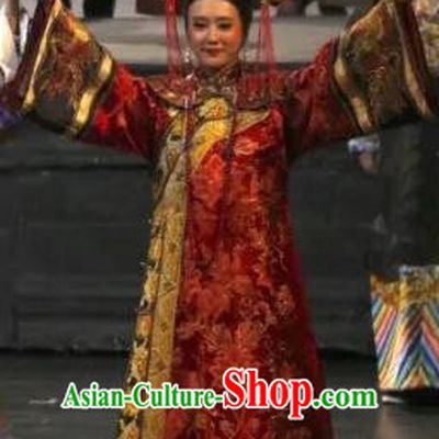 Chinese Historical Drama Yangshi Lei Ancient Empress Garment Costumes Traditional Stage Show Dress Qing Dynasty Court Queen Cixi Red Apparels and Headpieces