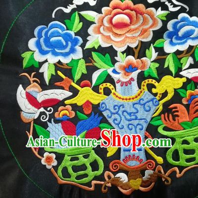 Chinese Traditional Embroidered Flowers Vase Patch Cloth Decoration Embroidery Craft Embroidered Accessories