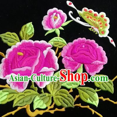 Chinese Traditional Embroidered Rosy Peony Butterfly Pattern Cloth Patch Decoration Embroidery Craft Embroidered Accessories
