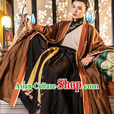 Traditional Chinese Song Dynasty Noble Childe Hanfu Apparels Ancient Prince Embroidered Cloak and Shirt Skirt Historical Costumes Full Set for Men