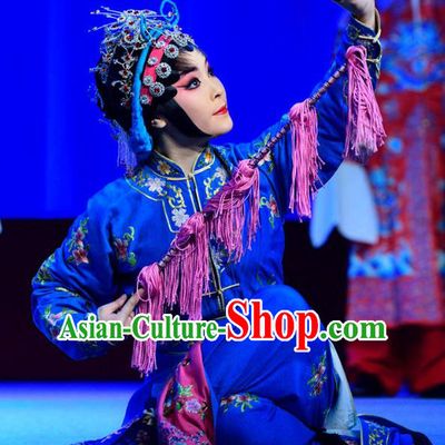Chinese Sichuan Opera Highlights Martial Female Garment Costumes and Headdress Bei Mang Mountain Traditional Peking Opera Wudan Blue Dress Swordswoman Apparels