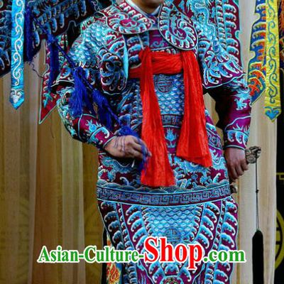Da Hu Shou Xiao Chinese Sichuan Opera General Kao Apparels Costumes and Headpieces Peking Opera Highlights Purple Armor Garment Clothing with Flags