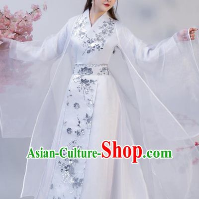 Chinese Ancient Drama Female Swordsman White Hanfu Dress Apparels Traditional Ming Dynasty Heroine Historical Costumes for Women
