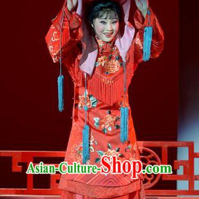 Chinese Hebei Clapper Opera Bride Garment Costumes and Headdress Bei Guo Jia Ren Traditional Bangzi Opera Actress Red Dress Diva Liu Xikui Wedding Apparels