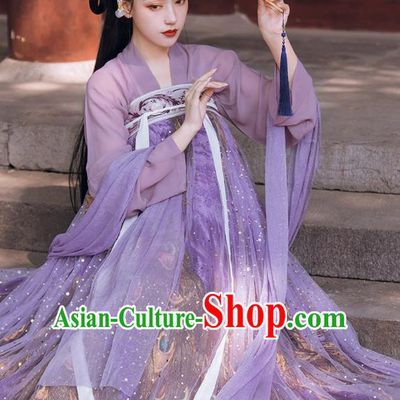 Traditional Chinese Tang Dynasty Court Infanta Historical Costumes Ancient Apparels Princess Goddess Lilac Hanfu Dress for Women