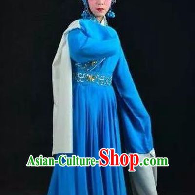 Chinese Hebei Clapper Opera Young Female Garment Costumes and Headdress Dou E Yuan Traditional Bangzi Opera Distress Maiden Blue Dress Tsing Yi Apparels