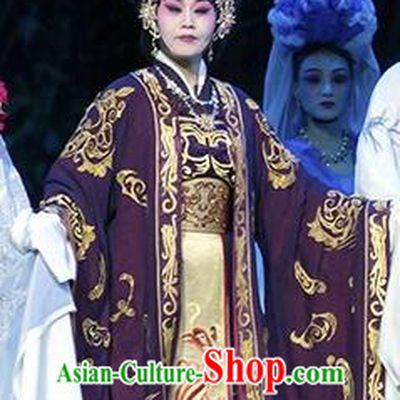Chinese Hebei Clapper Opera Actress Garment Costumes and Headdress Te Bai City Traditional Bangzi Opera Empress Purple Dress Queen Apparels