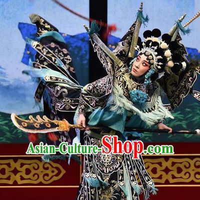 Chinese Hebei Clapper Opera Martial Female Garment Costumes and Headdress Broadsword Wang Huainv Traditional Bangzi Opera Tao Ma Tan Dress Black Kao Apparels with Flags