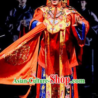 Chinese Hebei Clapper Opera Young Mistress Cao Qiqiao Garment Costumes and Headdress Golden Lock Notes Traditional Bangzi Opera Bride Dress Actress Wedding Apparels