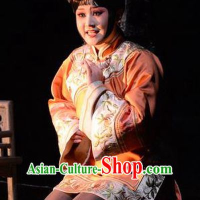 Chinese Hebei Clapper Opera Maid Lady Garment Costumes and Headdress Golden Lock Notes Traditional Bangzi Opera Servant Girl Dress Xiaodan Apparels
