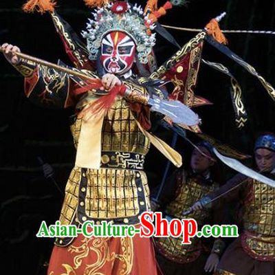 Te Bai City Chinese Bangzi Opera General Armor Apparels Costumes and Headpieces Traditional Hebei Clapper Opera Martial Male Garment Clothing with Flags