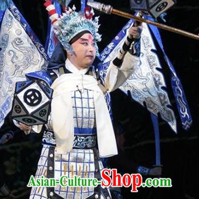 Te Bai City Chinese Bangzi Opera Prince Armor Apparels Costumes and Headpieces Traditional Hebei Clapper Opera Martial Male Garment General Clothing with Flags