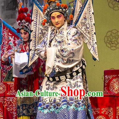 San Guan Pai Yan Chinese Bangzi Opera Military Officer Apparels Costumes and Headpieces Traditional Shanxi Clapper Opera General Garment Yang Zongbao Kao Clothing with Flags