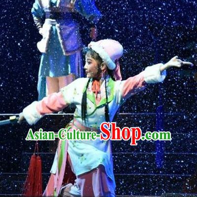 Chinese Shanxi Clapper Opera Young Lady Garment Costumes and Headdress Ping Cheng Fu Traditional Bangzi Opera Actress Dress Diva Feng Yan Apparels