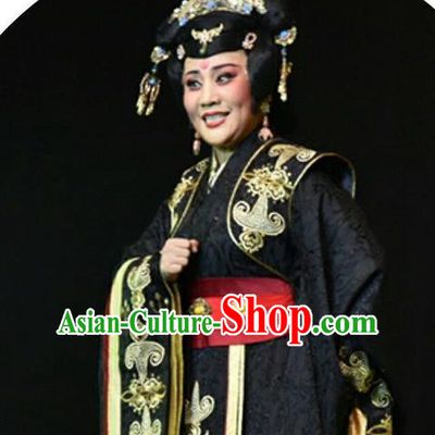 Chinese Shanxi Clapper Opera Queen Feng Yan Garment Costumes and Headdress Ping Cheng Fu Traditional Bangzi Opera Actress Black Dress Diva Apparels