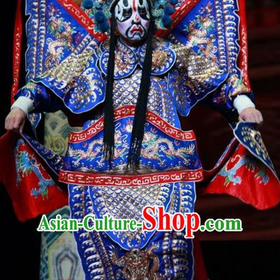Er Jin Gong Chinese Bangzi Opera General Blue Kao Apparels Costumes and Headpieces Traditional Shanxi Clapper Opera Jing Garment Armor Clothing with Flags