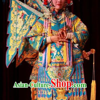 Chinese Shanxi Clapper Opera Martial Female Mu Guiying Garment Costumes and Headdress Ba Lang Ci Xiao Traditional Bangzi Opera Tao Ma Tan Dress Kao Apparels with Flags