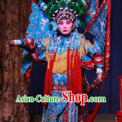 Chinese Shanxi Clapper Opera Martial Female Garment Costumes and Headdress Zhong Bao Guo Traditional Bangzi Opera Actress Dress Tao Ma Tan Apparels with Flags