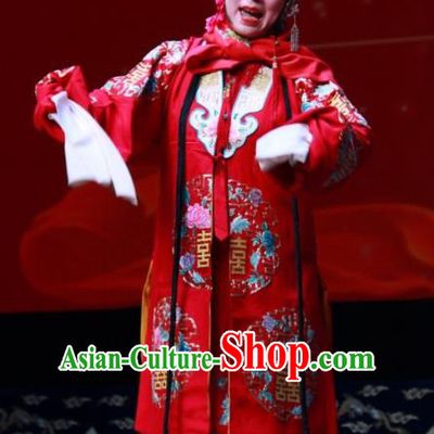 Chinese Shanxi Clapper Opera Young Female Zhou Fenglian Garment Costumes and Headdress Sedan Chair Lift Traditional Bangzi Opera Hua Tan Red Dress Bride Apparels