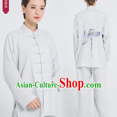 Professional Chinese Hand Painting Lotus Tai Chi Gray Flax Blouse and Pants Outfits Martial Arts Shaolin Gongfu Costumes Kung Fu Training Garment for Women