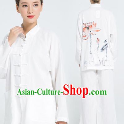 Professional Chinese Hand Painting Lotus Tai Chi White Flax Blouse and Pants Outfits Martial Arts Shaolin Gongfu Costumes Kung Fu Training Garment for Women