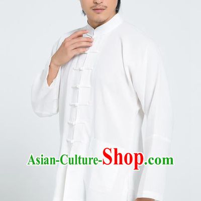 Top Grade Chinese Tai Ji Training Hand Painting Carps Uniforms Kung Fu Martial Arts Costume Shaolin Gongfu White Flax Shirt and Pants for Men