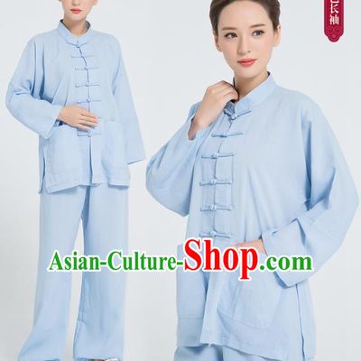 Professional Chinese Hand Painting Lotus Tai Chi Blue Flax Blouse and Pants Outfits Martial Arts Shaolin Gongfu Costumes Kung Fu Training Garment for Women