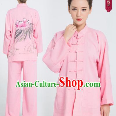 Professional Chinese Hand Painting Lotus Tai Chi Pink Flax Blouse and Pants Outfits Martial Arts Shaolin Gongfu Costumes Kung Fu Training Garment for Women