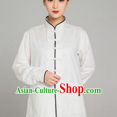 Top Grade Chinese Tai Ji Training White Linen Uniforms Kung Fu Martial Arts Costume Shaolin Gongfu Blouse and Pants for Men