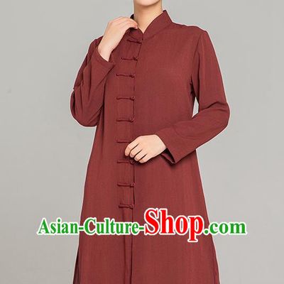 Professional Chinese Tang Suit Maroon Flax Gown and Pants Outfits Martial Arts Costumes Kung Fu Tai Chi Training Garment for Women