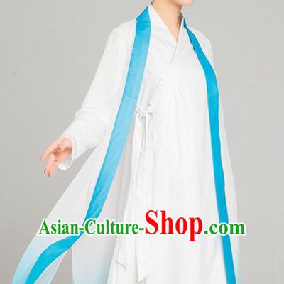 Asian Chinese Traditional Tang Suit Light Blue Chiffon Cloak Martial Arts Costumes China Kung Fu Upper Outer Garment Cardigan for Women