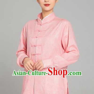 Professional Chinese Tang Suit Jacquard Pink Flax Blouse and Pants Outfits Martial Arts Costumes Kung Fu Tai Chi Training Garment for Women