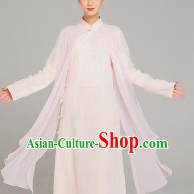 Asian Chinese Traditional Tang Suit Chiffon Cloak Beige Dress Martial Arts Costumes China Kung Fu Garment for Women